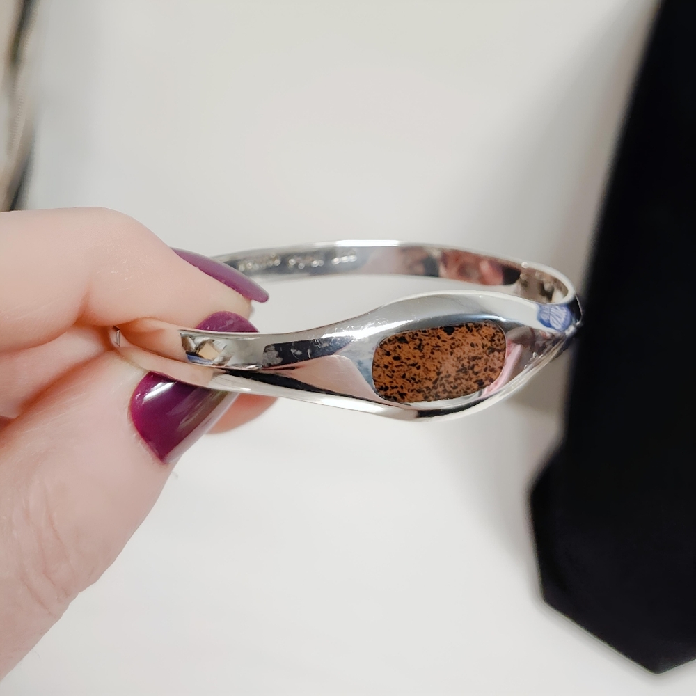 Vintage TAXCO Sterling Silver Hinged Bracelet Brown/black Jasper Inlay Unisex - Picture 4 of 13